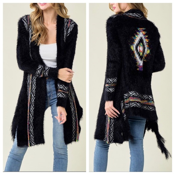 12 Aztec Rainbow Long Sleeve Open Drape Cardigan Southwestern Fringe detail - Picture 3 of 5
